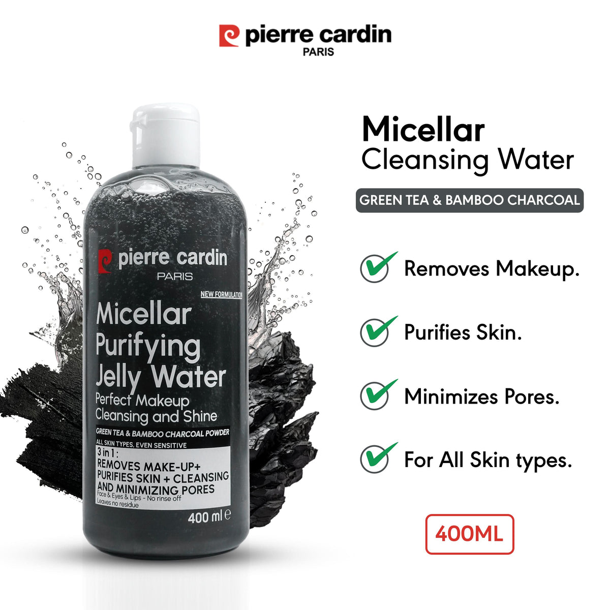 Cleansing Micellar Water 400ml - With Green Tea & Bamboo Charcoal Powder - Pierre Cardin Pakistan