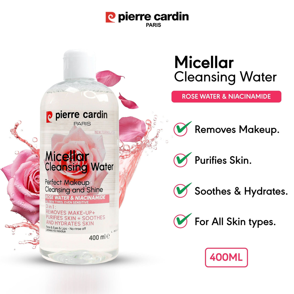 Cleansing Micellar Water 400ml - With Rose Water And Niacinamide - Pierre Cardin Pakistan