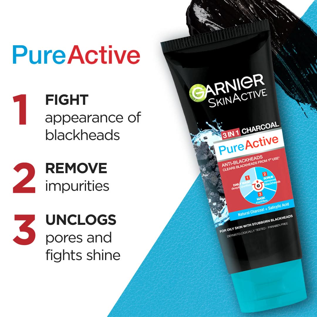 Garnier skinactive 3 in 1 charcoal pure active bleackhead foam 100ml