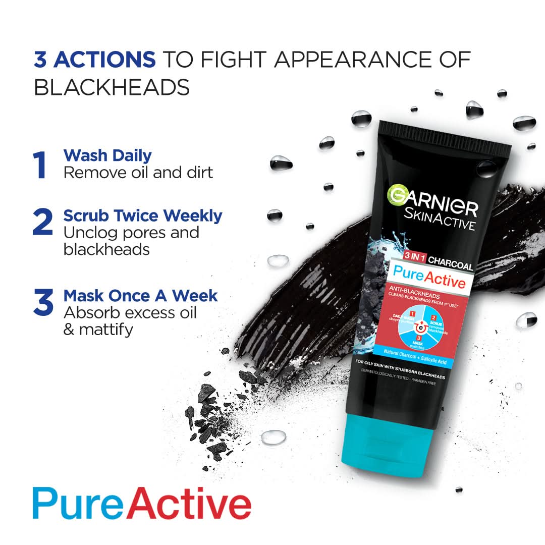 Garnier skinactive 3 in 1 charcoal pure active bleackhead foam 100ml