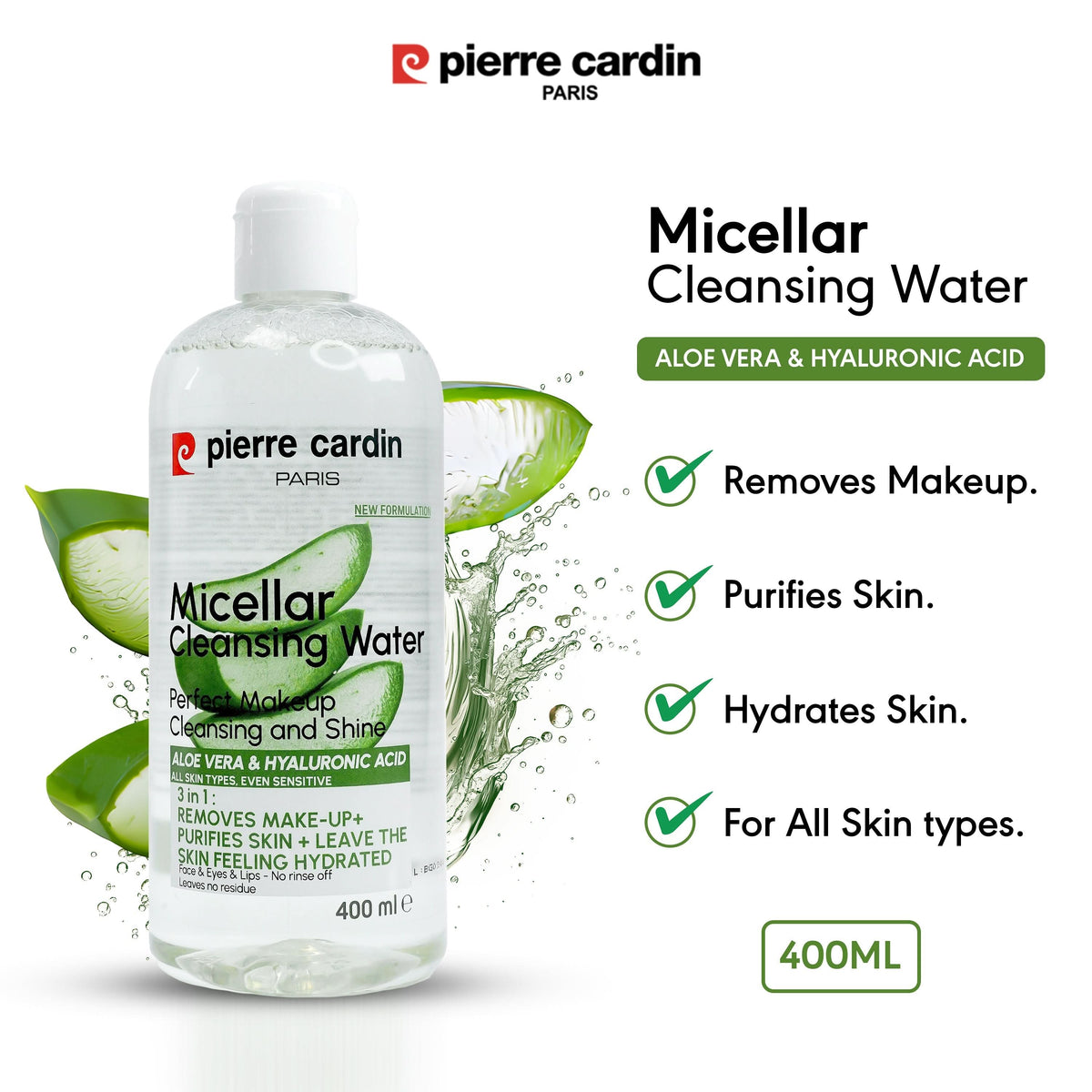 Cleansing Micellar Water 400ml - With Aloe Vera & Hyaluronic Acid - Pierre Cardin Pakistan 