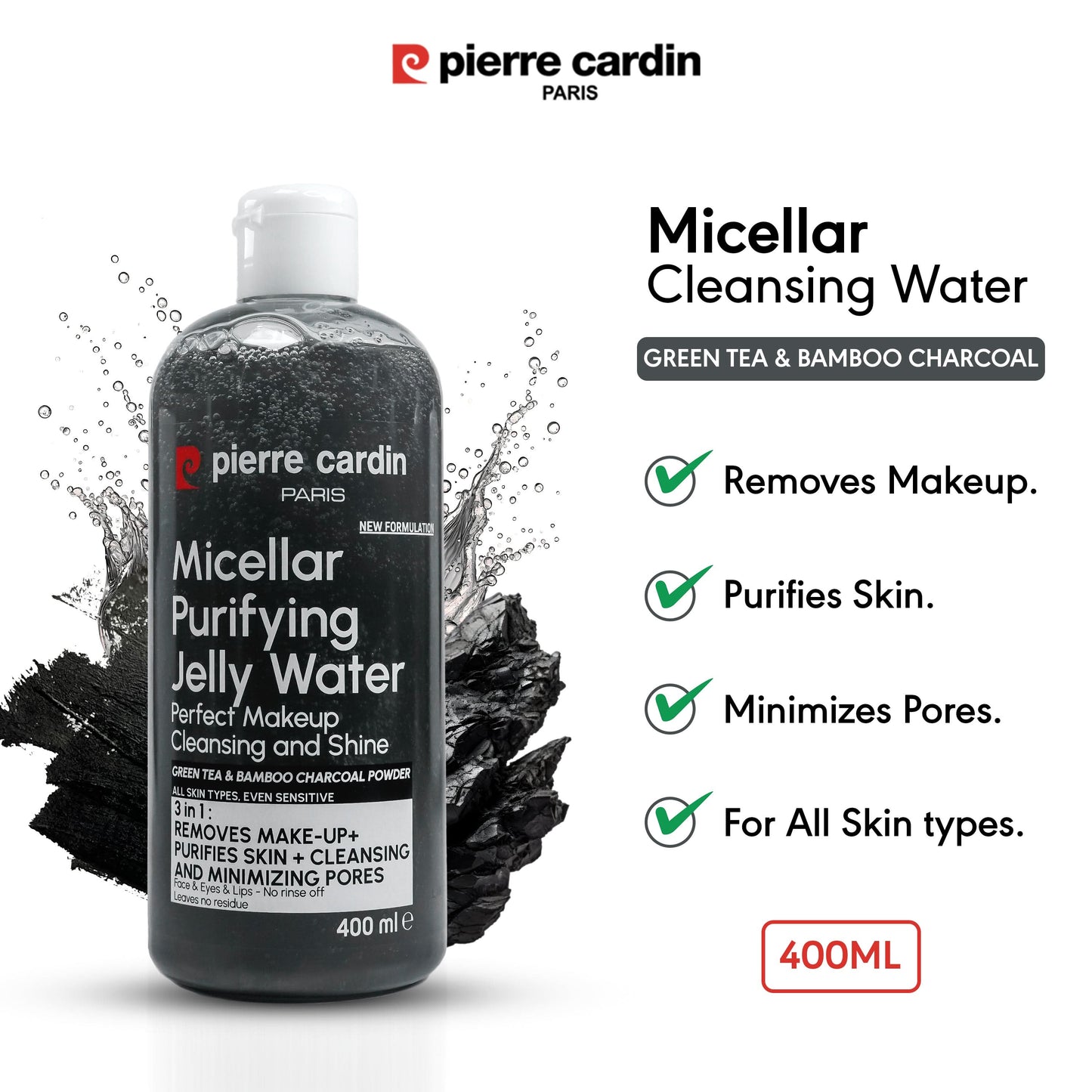 Cleansing Micellar Water 400ml - With Green Tea & Bamboo Charcoal Powder - Pierre Cardin Pakistan 