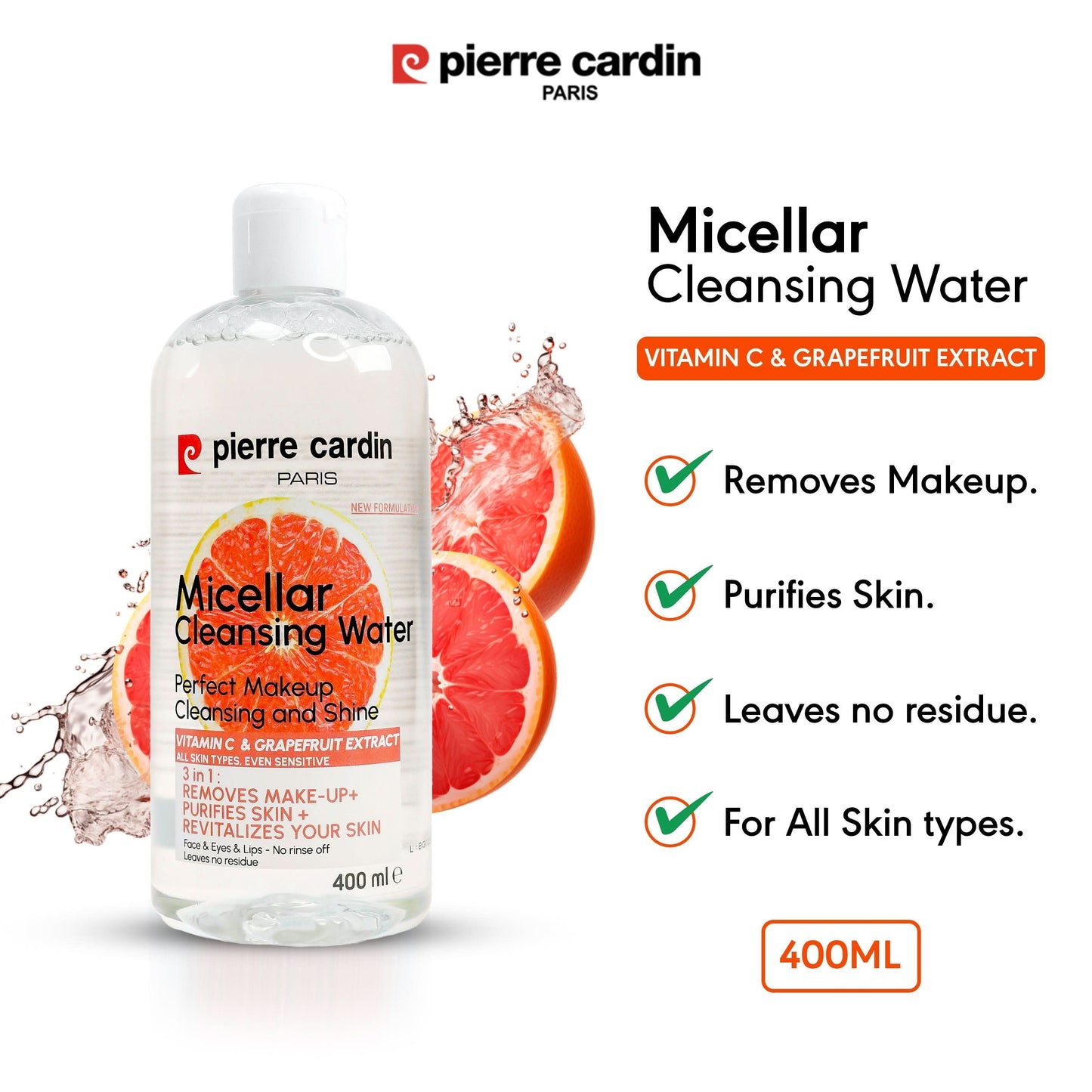 Cleansing Micellar Water 400ml - With Pink Grapefruit And Vitamin C - Pierre Cardin Pakistan 
